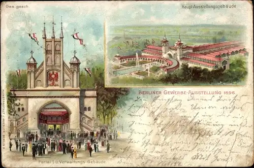 Litho Berlin Treptow, Gewerbeausstellung 1896, Portal, Verwaltungsgebäude, Hauptausstellungsgebäude