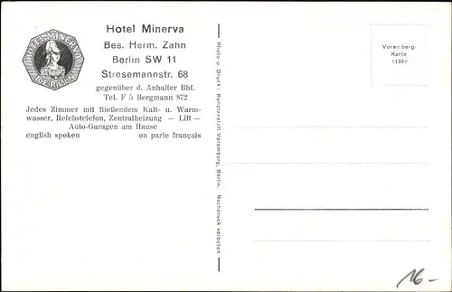 Ak Berlin Kreuzberg, Hotel Minerva, Stresemannstraße 68, Automobil