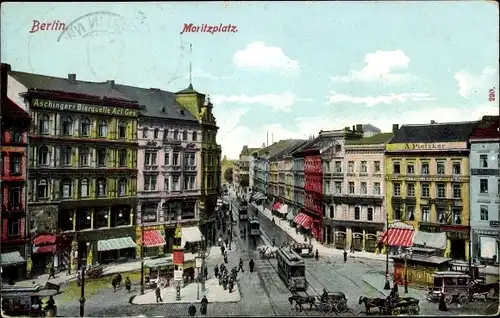 Ak Berlin Kreuzberg, Moritzplatz, Straßenbahn, Geschäft A. Pietzker, Kutschen