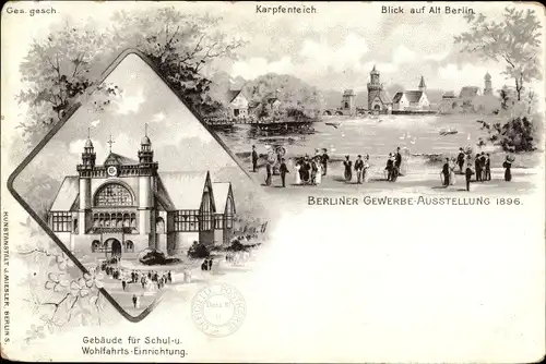 Litho Berlin Bezirk Treptow, Karpfenteich, Blick auf Alt Berlin, Berliner Gewerbeausstellung 1896