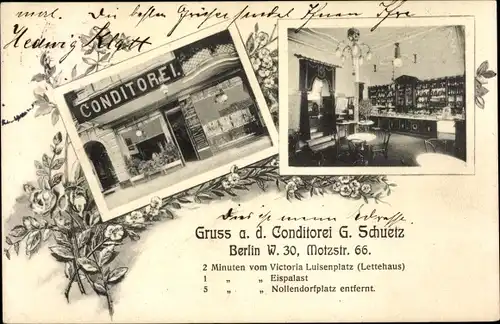 Ak Berlin Schöneberg, Konditorei v. G. Schuetz, Motzstraße 66, Aussen- und Innenansicht