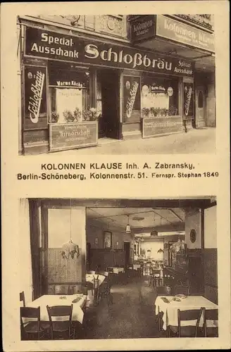 Ak Berlin Schöneberg, Kolonnen Klause, Schloßbräu Ausschank, Kolonnenstraße 51