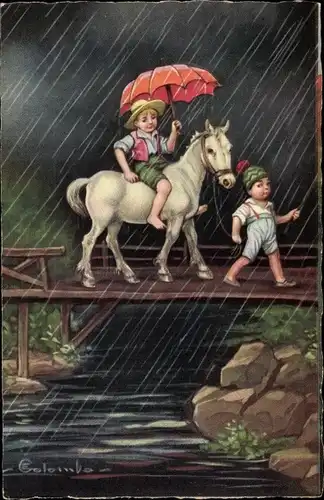 Künstler Ak Colombo, E., Junge zu Pferde, Regenwetter, Regenschirm