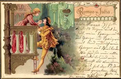 Präge Litho Romeo und Julia, Balkonszene, Handkuss, William Shakespeare