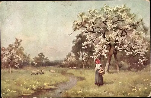 Künstler Ak Frühlingslandschaft mit Schafen und Blütenbäumen, Mädchen mit Korb