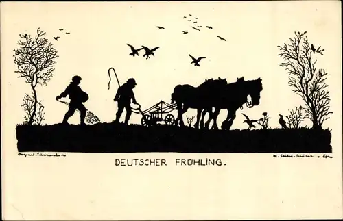Scherenschnitt Künstler Ak Sachse Schubert, W., Deutscher Frühling, Bauern, Pflug
