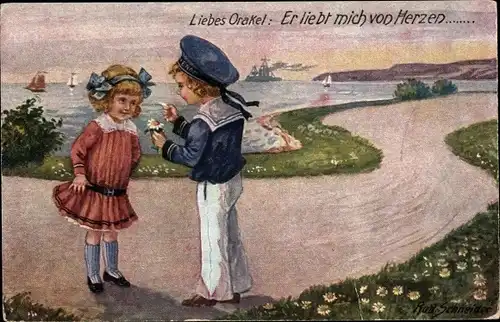 Künstler Ak Schneider, Rud., Liebes Orakel, Er liebt mich von Herzen, Seemann, Mädchen