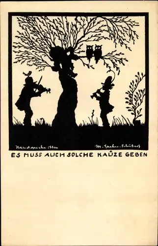 Scherenschnitt Ak Sachse Schubert, Es muss auch solche Kauze geben, Musiker, Eulen