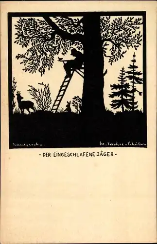 Scherenschnitt Ak Sachse Schubert, W., Der eingeschlafene Jäger
