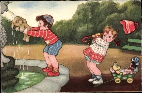 Künstler Ak Boriss, M., Kinder am Brunnen, Junge wäscht seinen Hund, Puppe