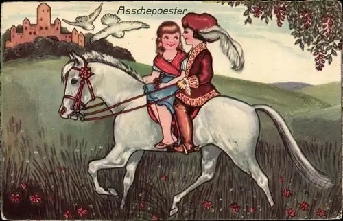 Künstler Ak Boriss, M., Asschepoester, Aschenputtel, Prinz, Pferd, Tauben
