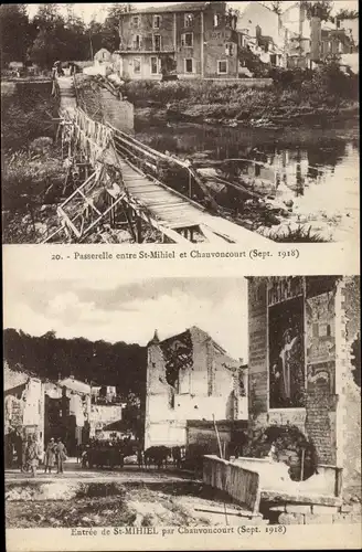 Ak Saint Mihiel Meuse, Sept. 1918, Passerelle, Entree par Chauvoncourt, Ruines