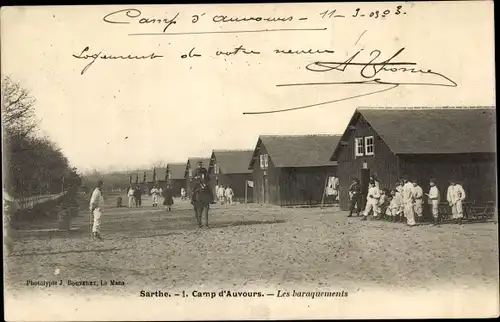 Ak Auvours Champagné Sarthe, Camp d'Auvours, Les baraquements
