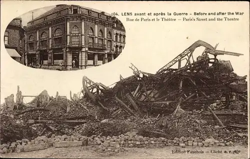 Ak Lens Pas de Calais, Guerre, Rue de Paris, Théâtre