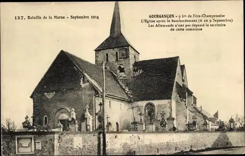 Ak Gourgancon Marne, L'Eglise apres le bombardement, Bataille de la Marne