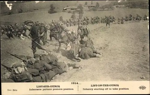 Ak Lisy sur Ourcq Seine-et-Marne, Infanterie partant prendre position, 1914