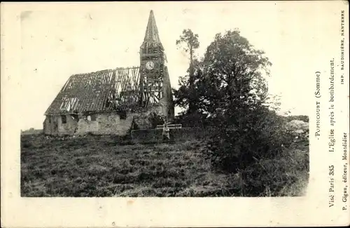 Ak Popincourt Somme, L'Eglise apres le bombardement