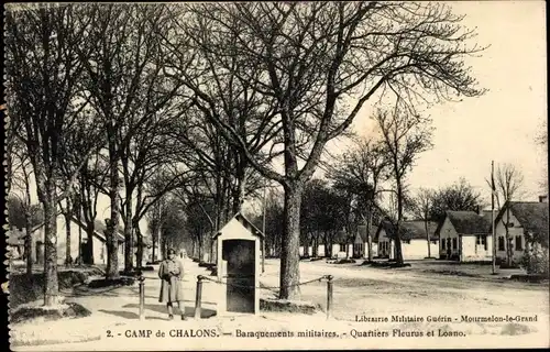 Ak Camp de Chalons Marne, Baraquements militaires, Quartiers Fleurus et Loano