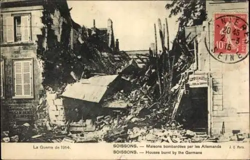 Ak Soissons Aisne, Maisons bombardees par les Allemands