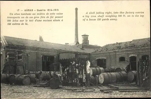 Ak Arras Pas de Calais, A shell fallig right, into this factory carries a big iron shaft