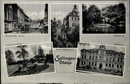 Ak Ohligs Solingen Bergisches Land, Düsseldorfer Str., Vogelpark, Bahnhofsanlagen, Schloss, Rathaus