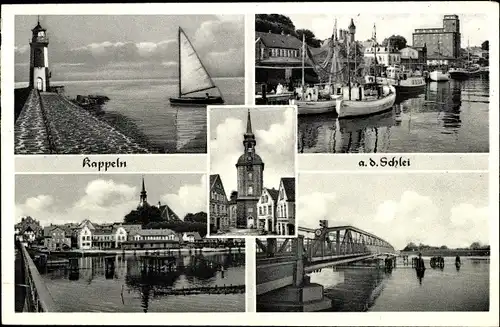 Ak Kappeln an der Schlei, Leuchtturm, Hafen, Brückenpartie, Teilansicht, Kirche, Segelboot