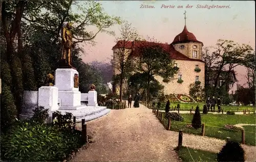 Ak Zittau der Oberlausitz, Partie an der Stadtgärtnerei, Denkmal