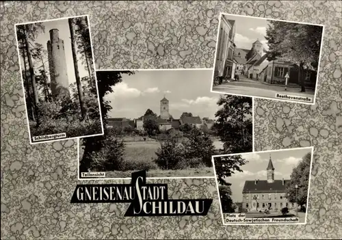 Ak Schildau in Sachsen, Gneisenaustadt, Schildbergturm, Teilansicht, Beethovenstraße, Platz der DSF