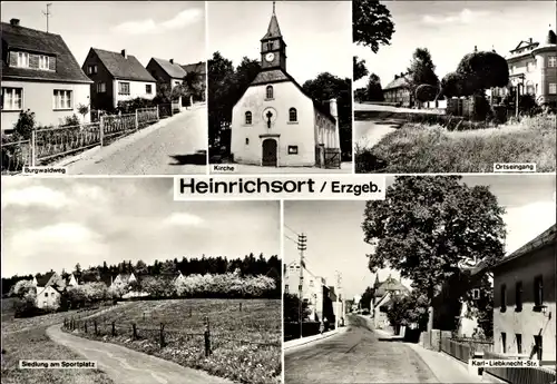 Ak Heinrichsort im Erzgebirge, Kirche, Burgwaldweg, Karl Liebknecht Straße, Siedlung, Kirche
