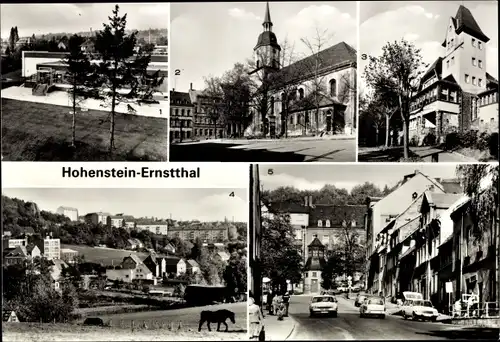 Ak Hohenstein Ernstthal in Sachsen, Schwimmbad, Kirche, HO Gaststätte Berggasthaus, Hüttengrund