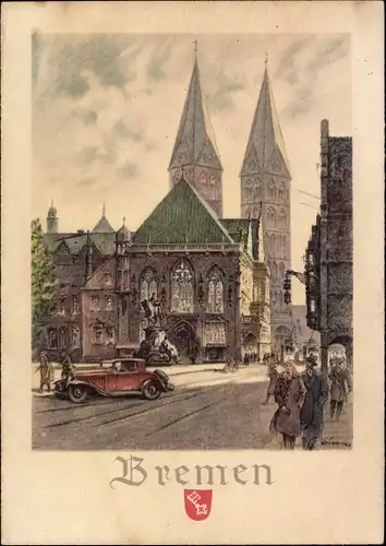 Künstler Ak Roitscho, Hansestadt Bremen, Stadtbild, Auto, Kirche