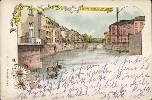 Litho Charleroi Wallonien Hennegau, Blick zur Brücke, Häuser