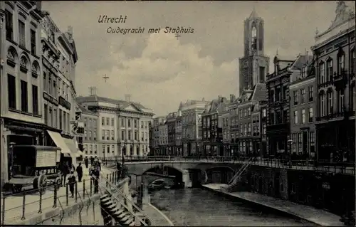 Ak Utrecht Niederlande, Oudegracht met Stadhuis