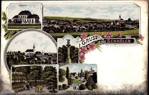 Litho Schkölen Thüringen, Bahnhof, Kirche, Konzertplatz im Stadtpark, Kriegerdenkmal, Totale vom Ort