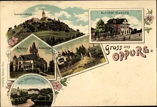 Litho Oppurg an der Orla Thüringen, Bahnhof, Leuchtenburg, Schloss Hummelshein