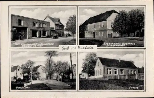 Ak Muschwitz Lützen im Burgenlandkreis, Schmiede, Dorfplatz, Schule, Gasthaus