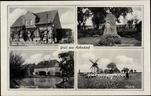 Ak Hohndorf im Erzgebirgsvorland, Gastwirtschaft, Kriegerdenkmal, Partie am Teich, Mühle