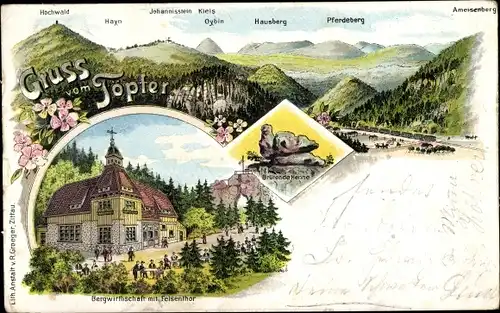 Litho Oybin in der Oberlausitz, Brütende Henne, Bergwirtschaft mit Felsentor