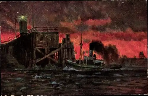 Künstler Ak Dampfer fährt an einem Leuchtturm vorbei