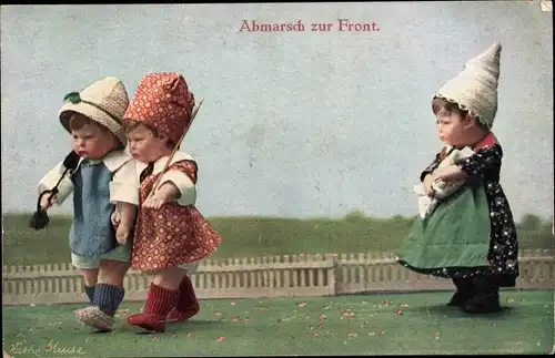 Ak Käthe Kruse Puppen, Abmarsch zur Front