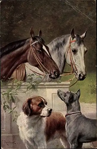 Künstler Ak Reichert, Zwei Pferde und Hunde, Bernhardiner