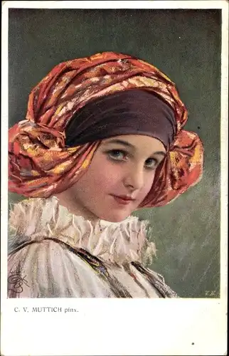 Künstler Ak Muttich, C. V., Portrait von einem Mädchen mit Kopftuch