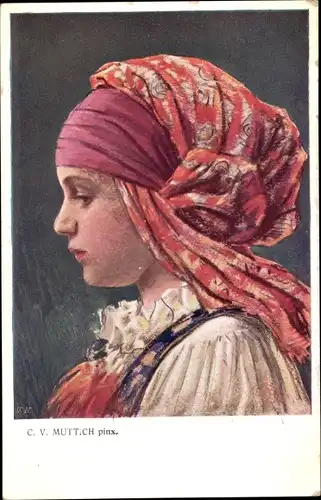 Künstler Ak Muttich, C. V., Mädchen in tschechischer Tracht, Portrait, Profil