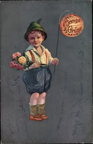 Ak Innige Grüße, Junge mit Lampion und Blumen