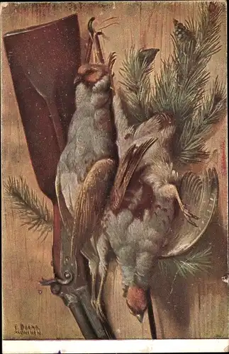 Künstler Ak Dorno, Jagdgewehr mit erlegten Vögeln