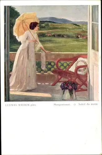 Künstler Ak Wieden, Ludwig, Morgensonne, Frau auf der Terrasse