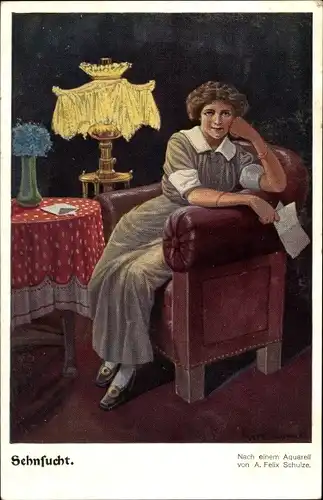 Künstler Ak Schulze, A. Felix, Sehnsucht, Frau mit Brief in einem Ledersessel