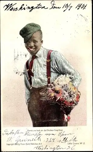 Ak USA, Dere's no lock on de Chicken Coop Door, Junge mit Huhn