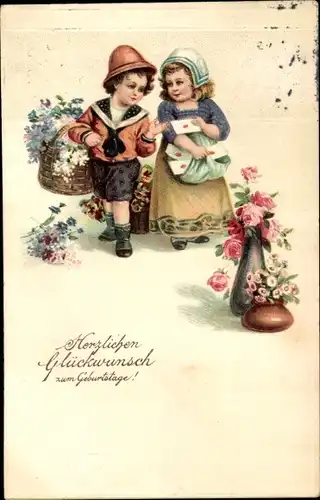 Ak Glückwunsch Geburtstag, Kinder mit Blumen