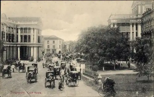 Ak Singapore Singapur, Court House, Straßenansicht, Rikschas